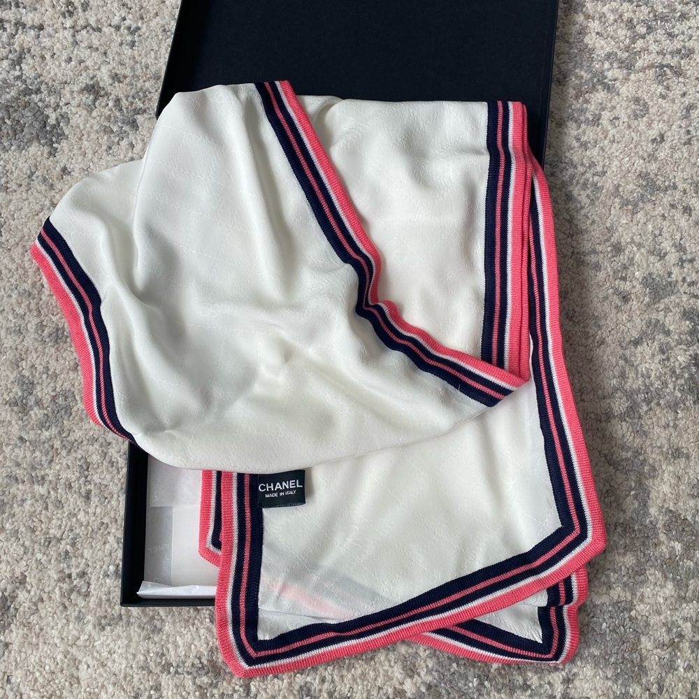 CHANEL white monogram scarf with neon pink & navy trim